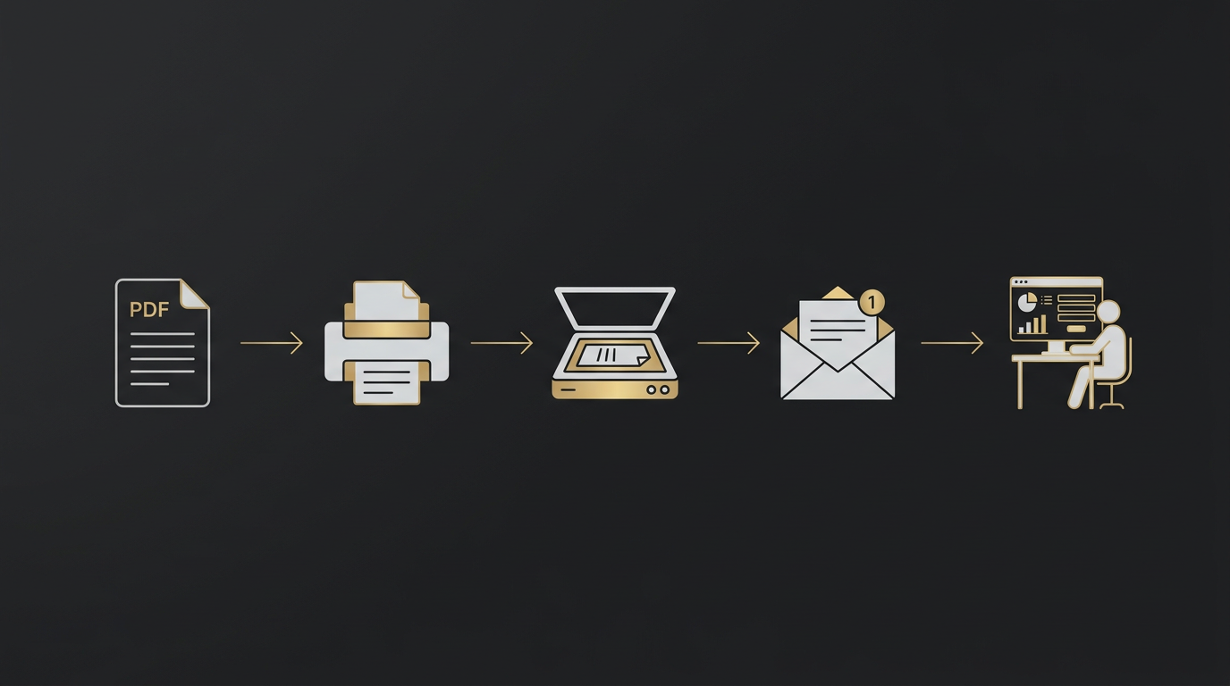 Illustration of current PDF, print, scan, email and manual rekey process