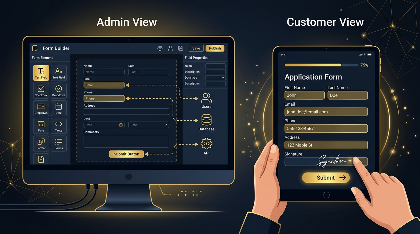 Admin form builder and customer completing an application form
